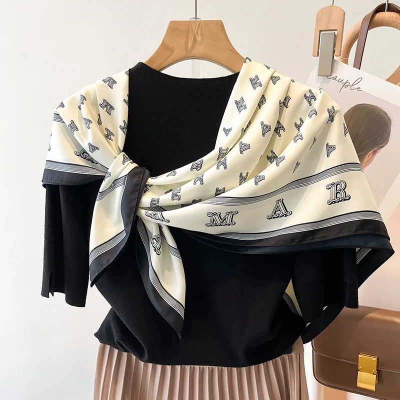 

Summer Popular 90X90CM Silk Hijab Fashion Model Sunscreen kerchief 2023 Women Design Square Shawls Couple Style Scarves For Gift