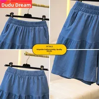 Loose A-Line Denim orts Women's Summer Thin Ice Silk  Wide Leg Five-Quarter Length Middle Waist Pants plus Size - Image 2