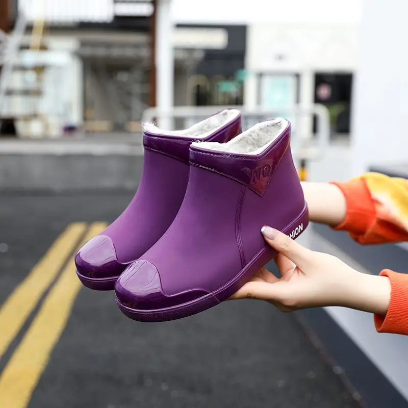 Feerldi brand ankle fur rubber boots women's purple short rainshoes non-slip wateproof winter rain boots