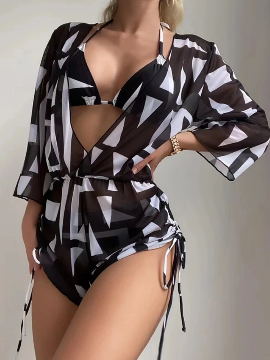 

3 pieces Halter Bikini Tropical Print Swimsuit Drawstring Side Swimwear Women Long Sleeve Bathing Suit Female Swimming Beachwear