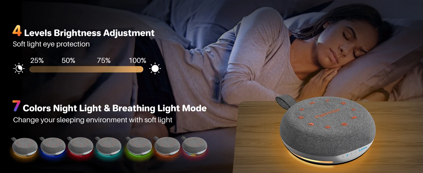 Night light with adjustable brightness and color options. Circular device shown in use next to a sleeping person, with interface displaying settings.