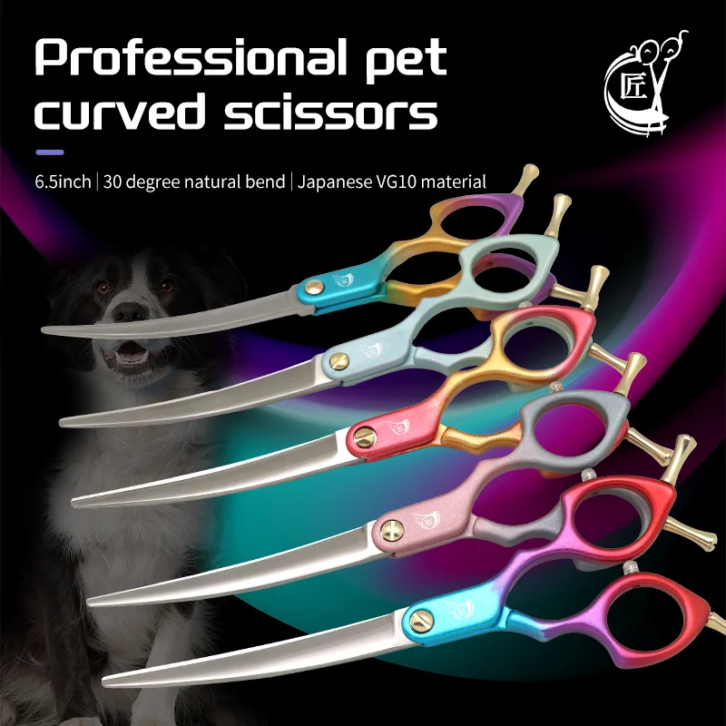 

Crane Professional Colourful 6.5 Inch JP VG10 Steel Pet Dog Grooming Shears 30° Curved Scissors with High Quality Alloy Handle