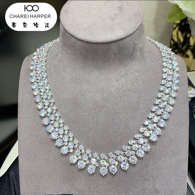

Natural true pearl brass plated platinum zircon stylish personality double tiered clavicle necklace for women，with counter box
