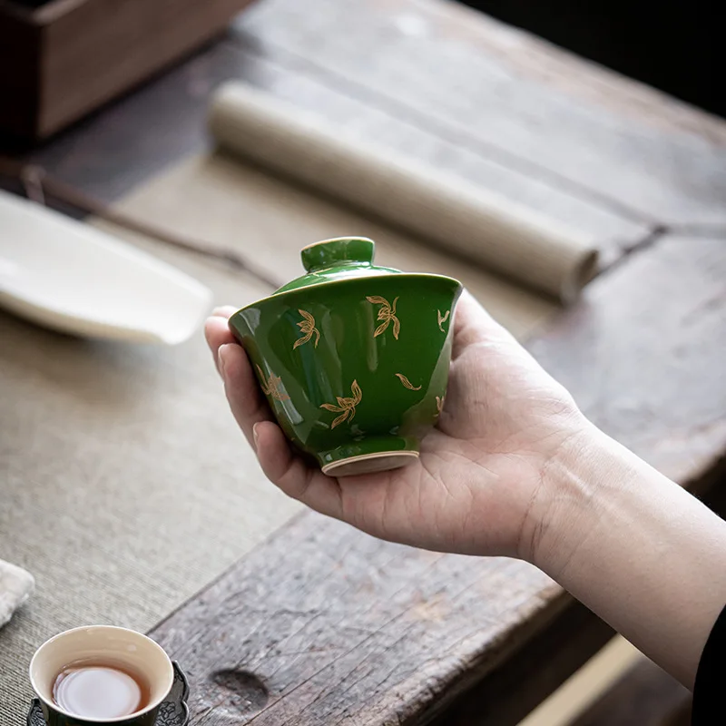 Teacup Green gilded covered bowl Tea making bowl Kung Fu Tea Set Ceramic cup Sancai covered Colored glaze tea cup set