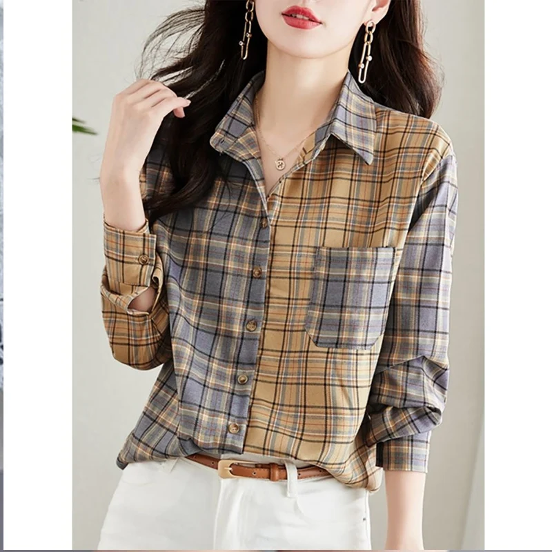 

Spring Autumn New POLO Collar Fashion Long Sleeve Shirt Women High Street Casual Loose Plaid Cardigan Pocket Patchwork Tops