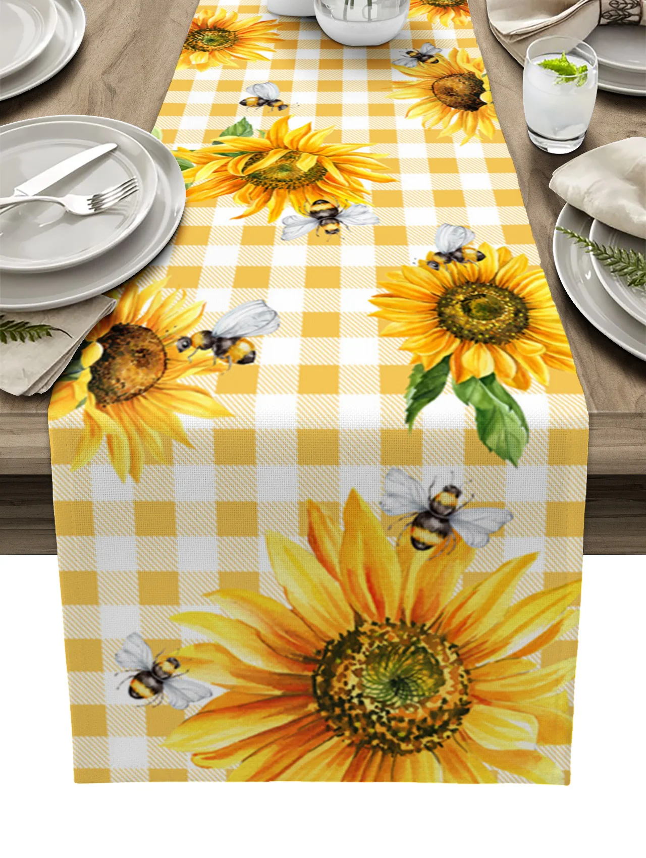 

Rustic Sunflower Flower Yellow Plaid Linen Table Runner Kitchen Table Decoration Farmhouse Dining Tablecloth Wedding Party Decor