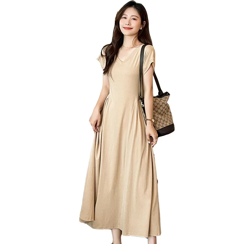 Maternity Summer Short-Sleeved Dress Mid-Length French V-Neck Temperament Simple Design Comfortable Ageing Maternity Dresses