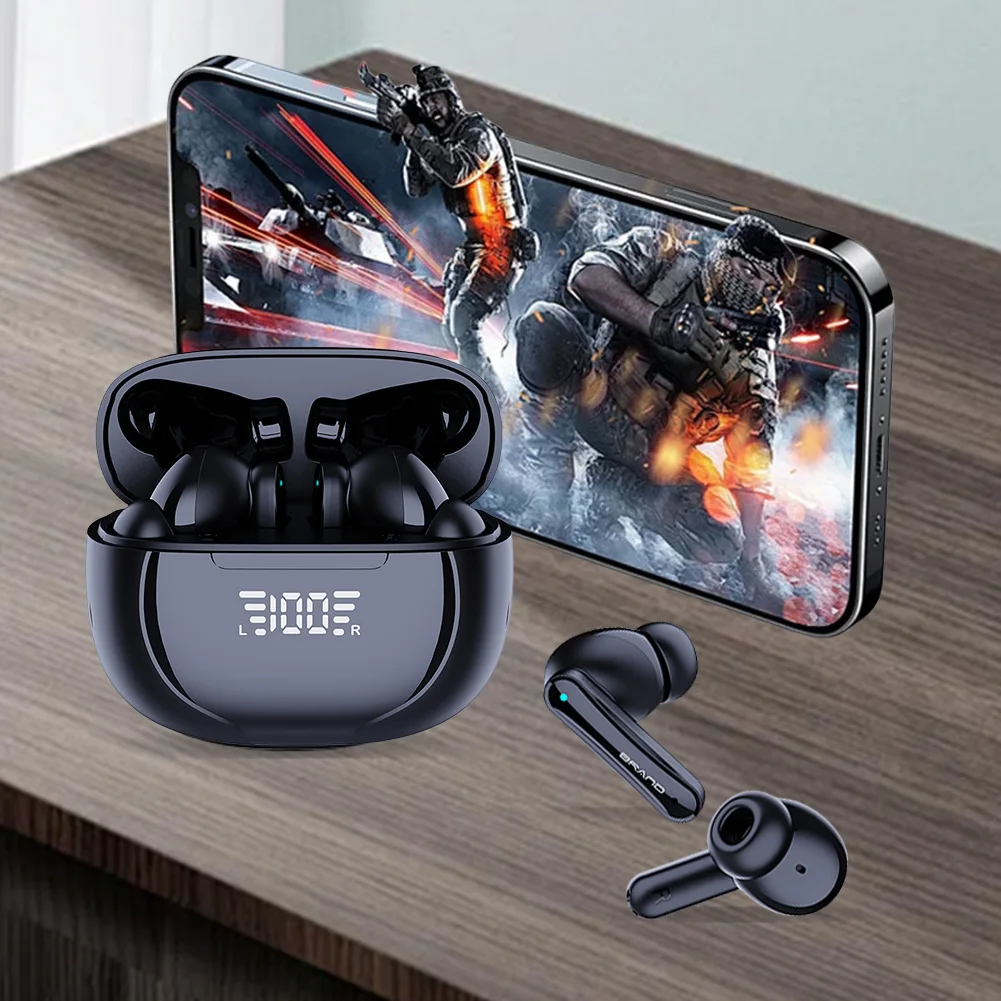 무선 블루투스 호환 5.3 이어버드 방수 베이스 스테레오 이어버드 안드로이드 iOS 폰용 LED 전원 디스플레이 노트북 스포츠용