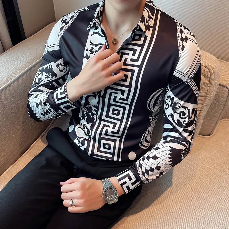

Brand Spring Autumn New High Quality Fashion Men Casual Formal Office Shirt Printed Long Sleeve Men's Black Blouses Male Tops