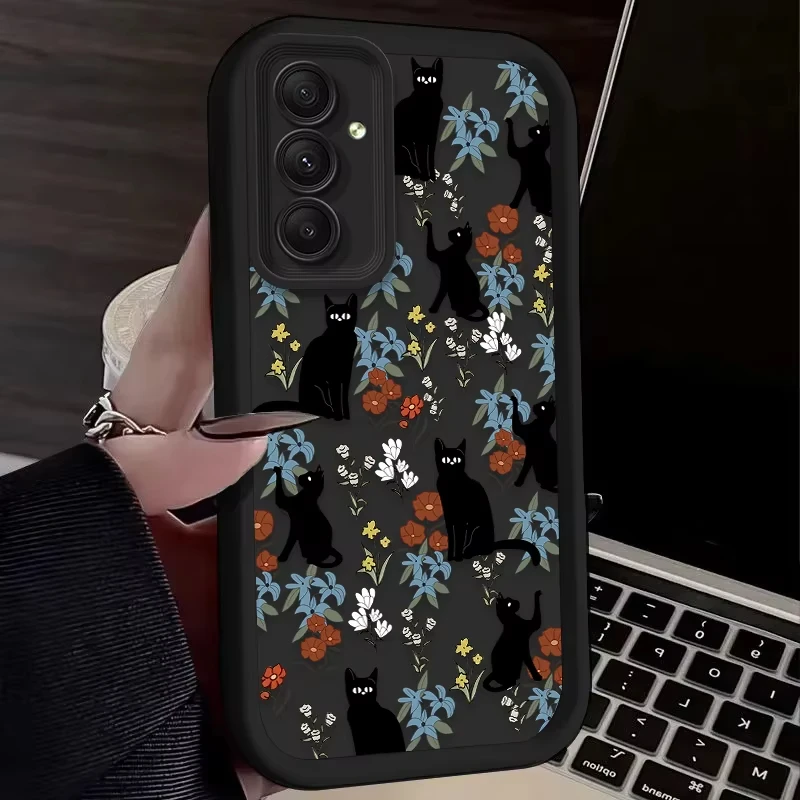 Artistic Black Cat Flower Design Phone Case