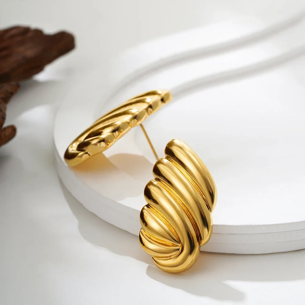 Ridged Rectangle Stud Earrings in Gold Plated for Women Stainless Steel Waterproof Wing Shape Statement Earring Retro Jewelry