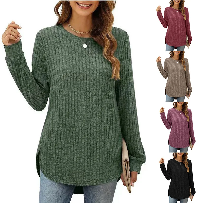 Women Round Collar Long Sleeve Pit Knitted Loose T-shirt Tops YYFS-5812 1