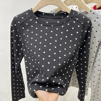 2025 أوائل الخريف جديد سليم صالح مثير القمم الكورية نمط الحلو البولكا نقطة تي شيرت المرأة عادية كم طويل س الرقبة تيز