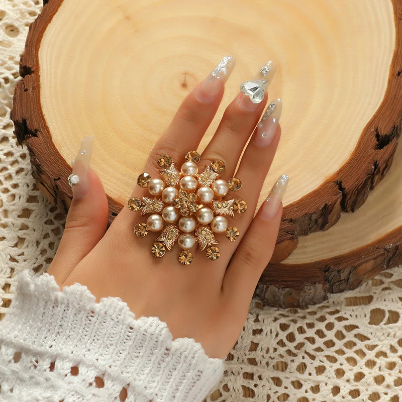 Роскошные Крупные жемчужные массивные регулируемые обручальные кольца для женщин и девушек шикарные большие кольца на палец с цветком розы модные ювелирные изделия Вечерние