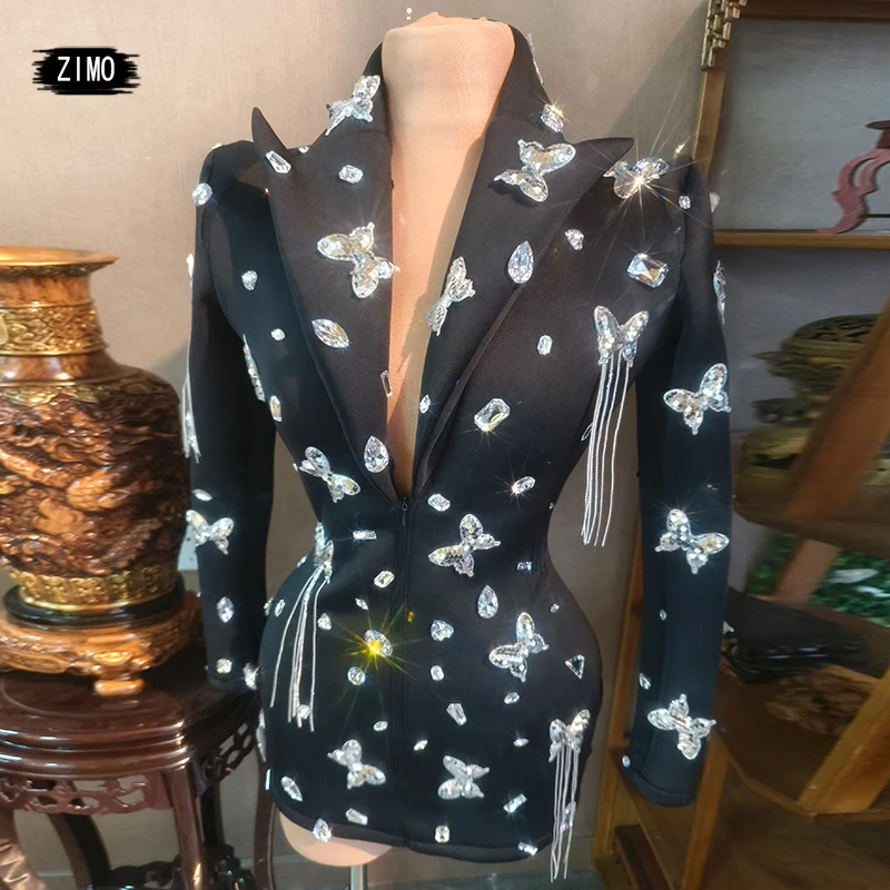 

Модное платье с бабочками и кристаллами, блестящее черное Клубное платье с глубоким v-образным вырезом, яркий костюм для выступления на день рождения, сценический фестиваль