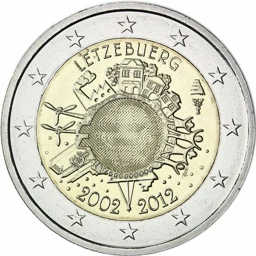 

Памятная монета Люксембург, 10 юбилей, 2012, 2 евро, голографическая стереосистема UNC