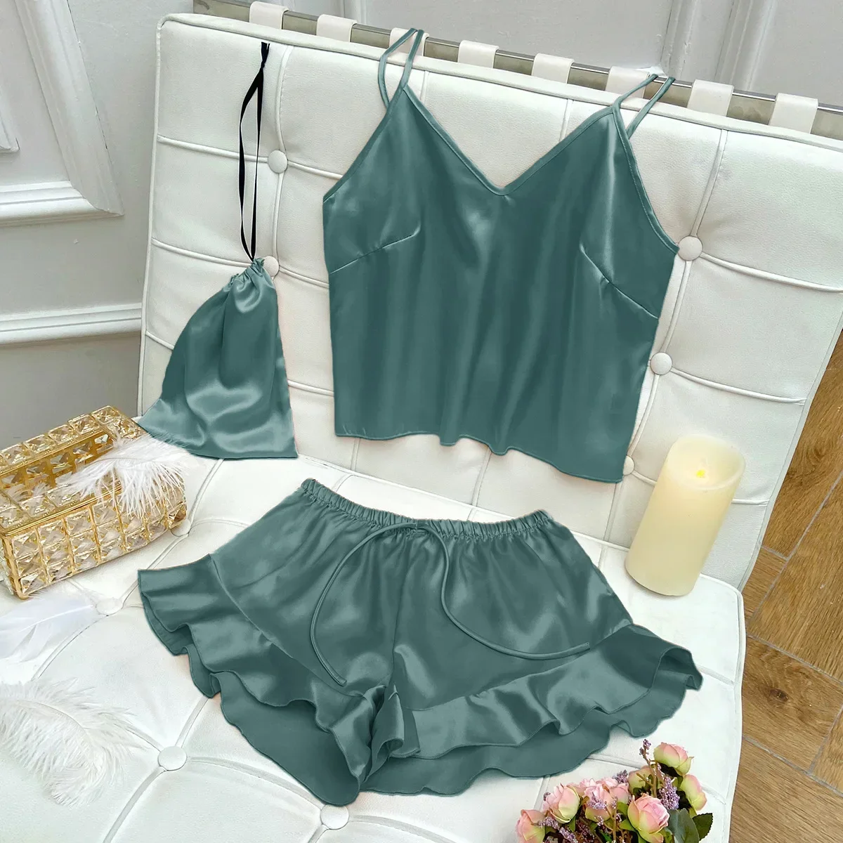 Women Pajamas Set Fashion Sexy Sling Tops Shorts Three-piece