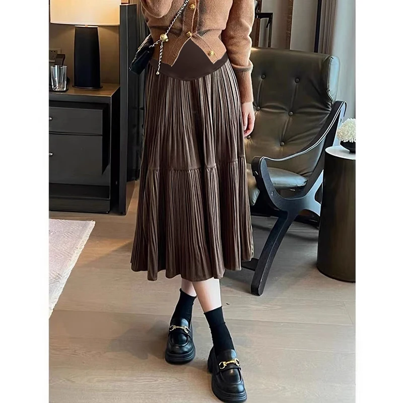 Autumn Winter Pregnant Woman Pleated Skirt Large Hem Fashion Maternity Velour Skirts High Waist Pregnancy Empired Skirts 85cm