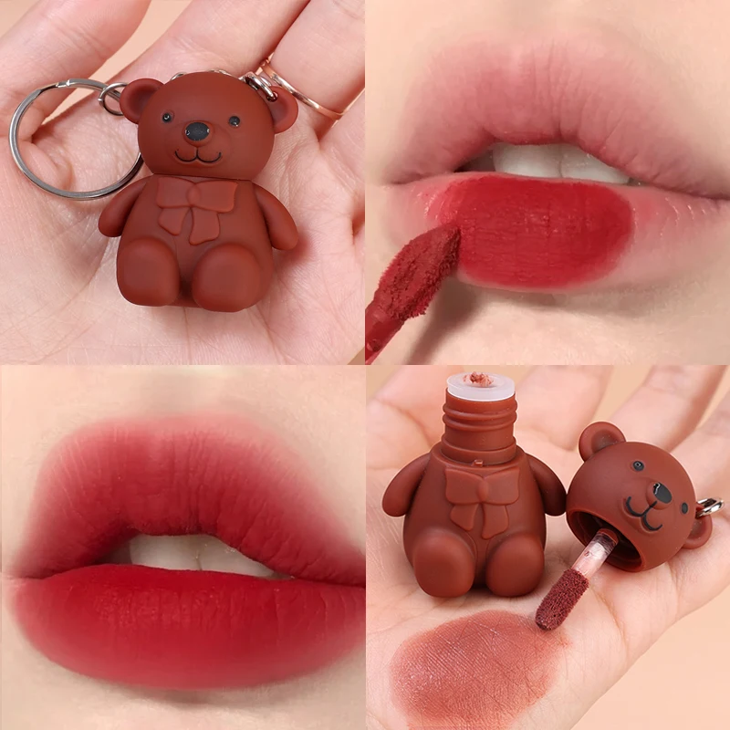 6 Colori Cute Bear Matte Lip Mud Velvet Grey Pink Portachiavi Rossetto Waterproof Long Lasting Lip Glaze Cosmetic Portable Lip Gloss