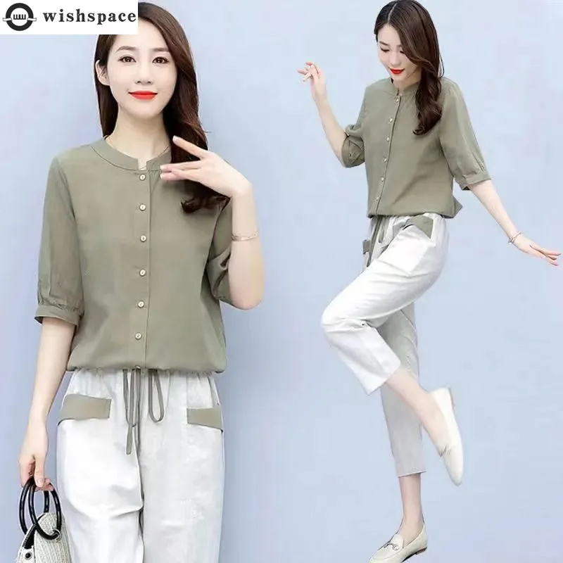 2022 Summer New Short Sleeve Chiffon Shirt Top Pocket Decoration Casual Trousers Two Piece Elegant Women's Pants Set Clothing fashion punk alloy pin buckle women belt pu leather golden chain decoration simple and versatile jeans trousers thin waistband
