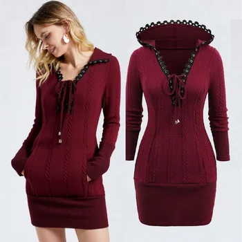 Plus Size Mini Sweater Dress Deep Red Grommets Lace-up Lace Trim Cable Knit Pocket Hooded Dress 2026 Autumn Winter