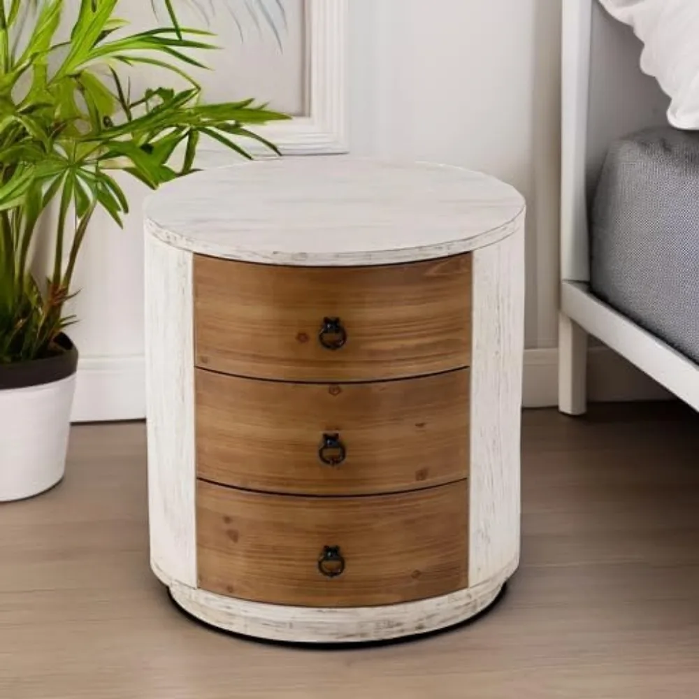 3-drawer wooden storage cabinet, 20" mdf round cabinet with vintage whitewash finish, nightstand with drawer, wooden bedside tab 6