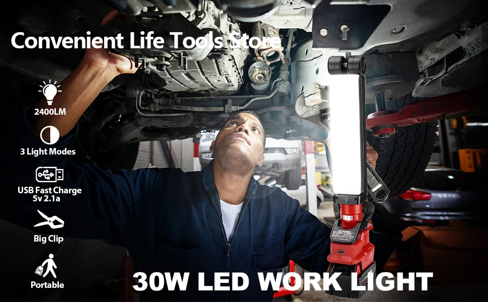 Cordless LED Work Light for Milwaukee M18 18V Battery 30W 2400LM Flood Light Out