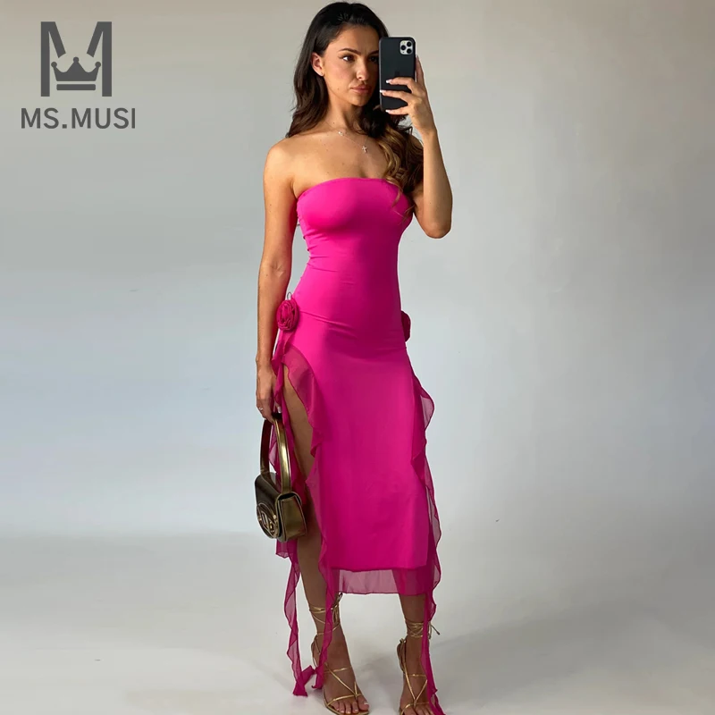 

MSMUSI 2023 New Fashion Women Sexy Strapless Floral Falbala Ruffles Draped Fold Sleeveless Bodycon Party Club Event Midi Dress