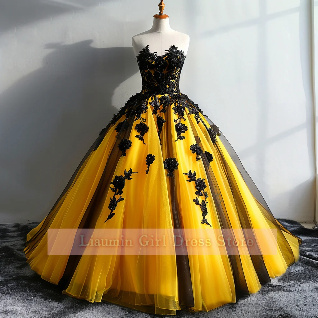 Comprimento total Applique Strapless Vestido de noite, Tule amarelo e preto, Lace Up Back, Formal Prom Dress, Birthday Party Clothing, Custom W9-12