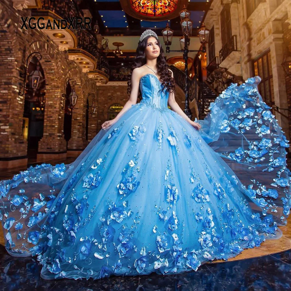 

Небесно-голубые платья для Quinceanera 2023, милое бальное платье с открытой спиной и цветами, официальное желтое длинное милое платье с жемчугом для выпускного вечера, 15 16 дней рождения