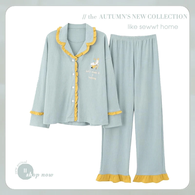 

Korean Printing Fashion Women's Pajamas Big Size Homewear 3XL Cotton Cardigan Spring Autumn Winter Pijamas Female Clothing