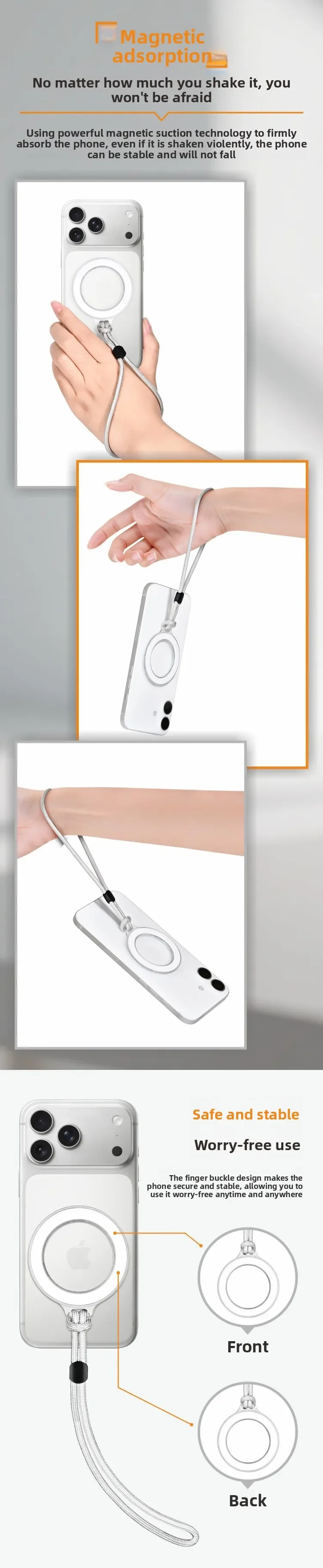 Starker magnetischer Telefonhalter mit Trageband für Magsafe, magnetischer Fingerringständer für iPhone 17 16 Xiaomi – Detail 3