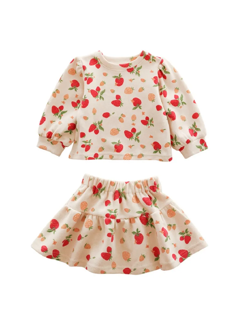 

Spring Autumn Baby Girls Cotton Strawberry Sweatshirt Tops + Elastic Waist Skirt Sets Kids 2 Pieces Outfits 2-8 Years