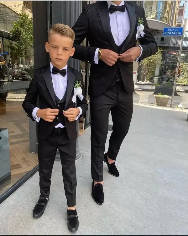 

Black Pattern Boy Formal Suits Dinner Tuxedos Little Boys Groomsmen Kids For Wedding Party Prom Suit Wear jackets Vest Pant
