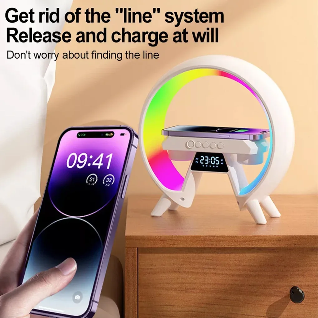 Multifunction Wireless Charging Bluetooth Speaker Support Night Light Atmosphere Lamp FM TF AUX Time Alarm Clock Mic Speakers