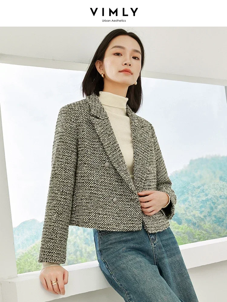 Vimly Quilted Cropped Tweed Jackets Office Ladies Blazer Wool Blend Tailored Coat 2024 Spring Long Sleeve Female Outerwear M3697 vimly wool blend plaid blazer jacket women tailored coats for women 2023 fashion elegant vintage double breasted overcoat 50365