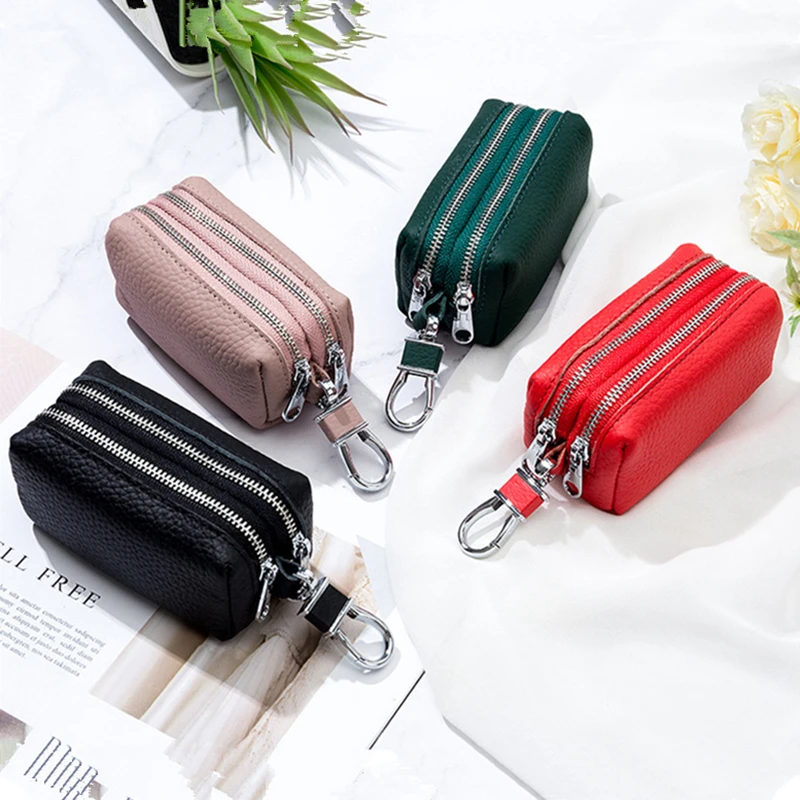 

Fashion Cowhide Leather Wallet Card Holder Short Coin Purse with Double Zippers Portable Big Capacity Key Bag for Men Woman