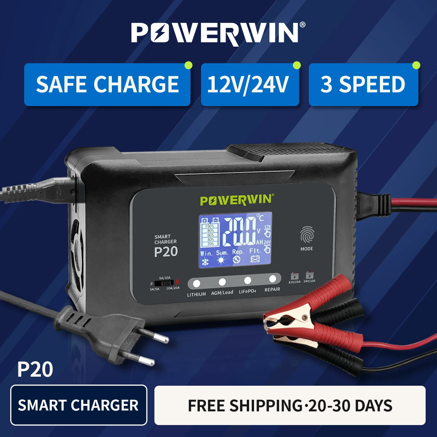 

POWERWIN Battery Smart Charger 20A 12V20A 24V10A P20 Automatic LCD For LiFePO4 AGM Lead-Acid Lithium Pulse Repair BT100 BT200