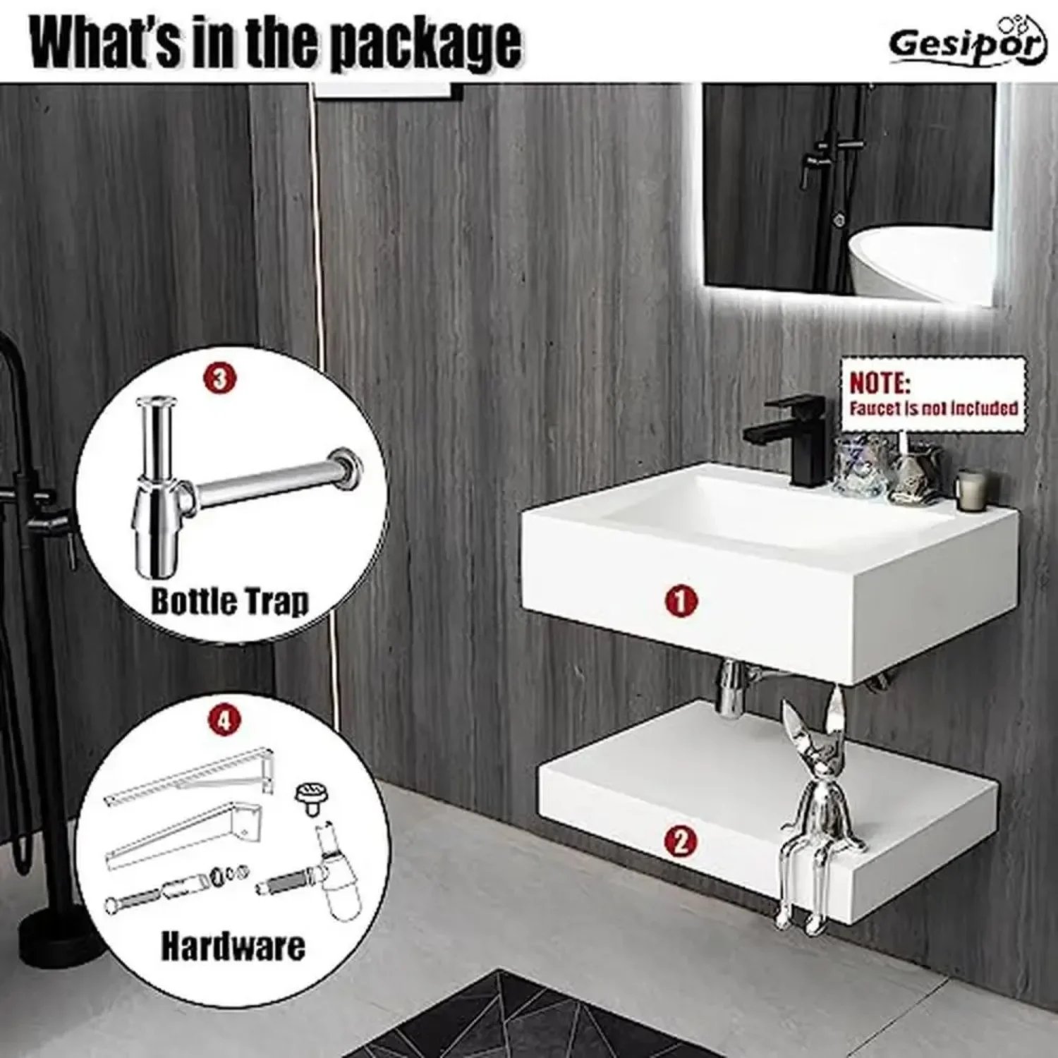 Modern Wall-Mount Rectangular Bathroom Sink Floating Vanity Shelf Set Stone Resin Vessel Sinks White Trough Drainage Smooth