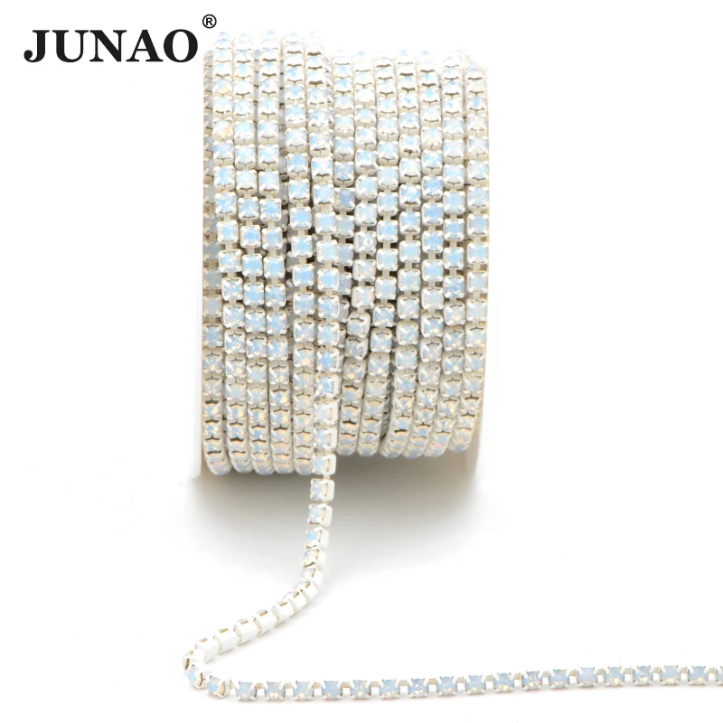 

JUNAO 10 Yards/Roll SS6 SS8 SS12 SS16 White Opal Color Sewing Glass Rhinestone Trim With Claw Cup Chain For Wedding Dress