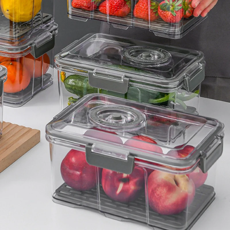 LUDA Vacuum Food Storage Container Transparent Fridge Organizer With Drain Net Capacity Food Dispenser For Kitchen