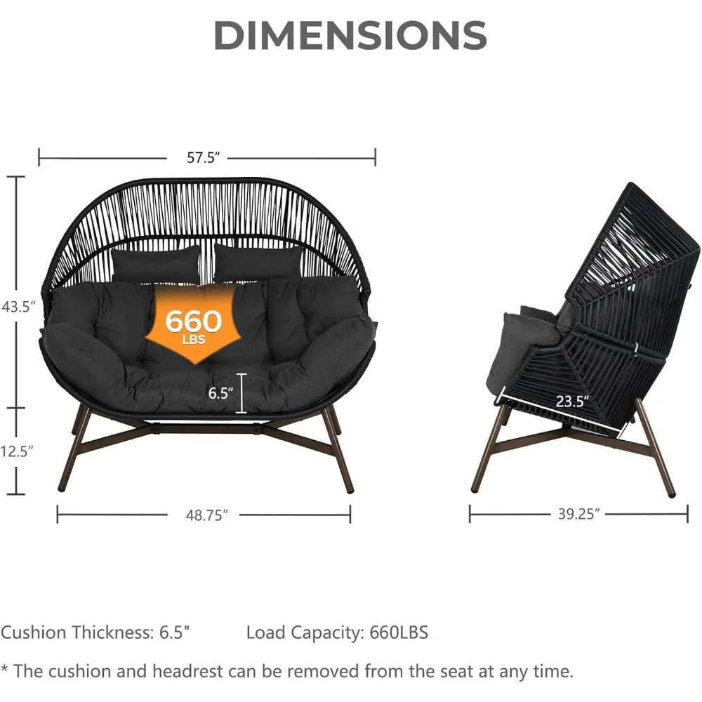 Outdoor Modern 2-Seat Wicker Egg Chair with Cushion, Stationary Patio Loveseat Accent Chair, Grey 2