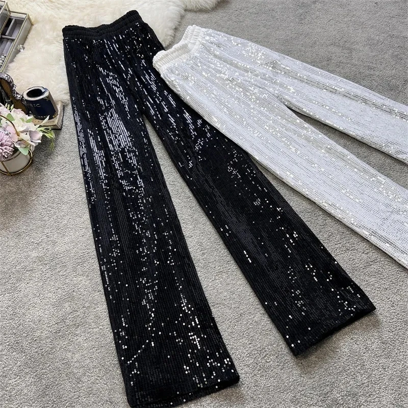 

2023 Spring Summer Korean Large Size Wide Leg Women's Pants Elastic High Waist Casual Sequins Straight Tube Floor Sweeping Pants