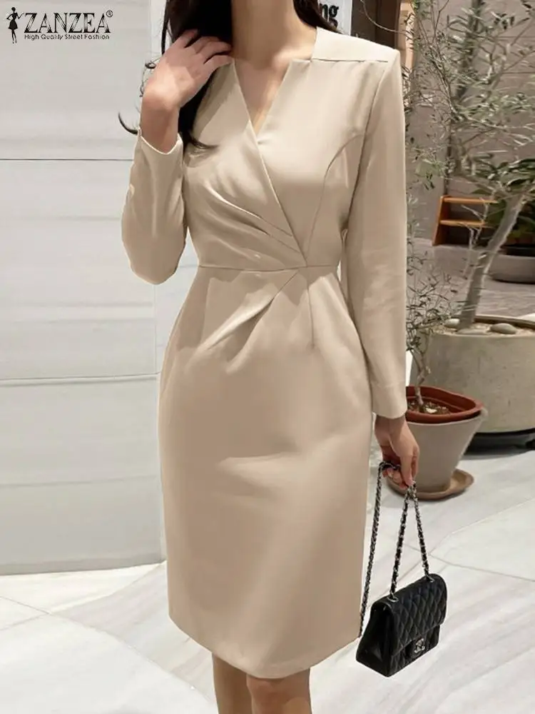 

ZANZEA Woman Fashion Party Dress Elegant Long Sleeve Sundress V-Neck Solid Dresses Autumn Vintage OL Work Vestidos 2023 Oversize