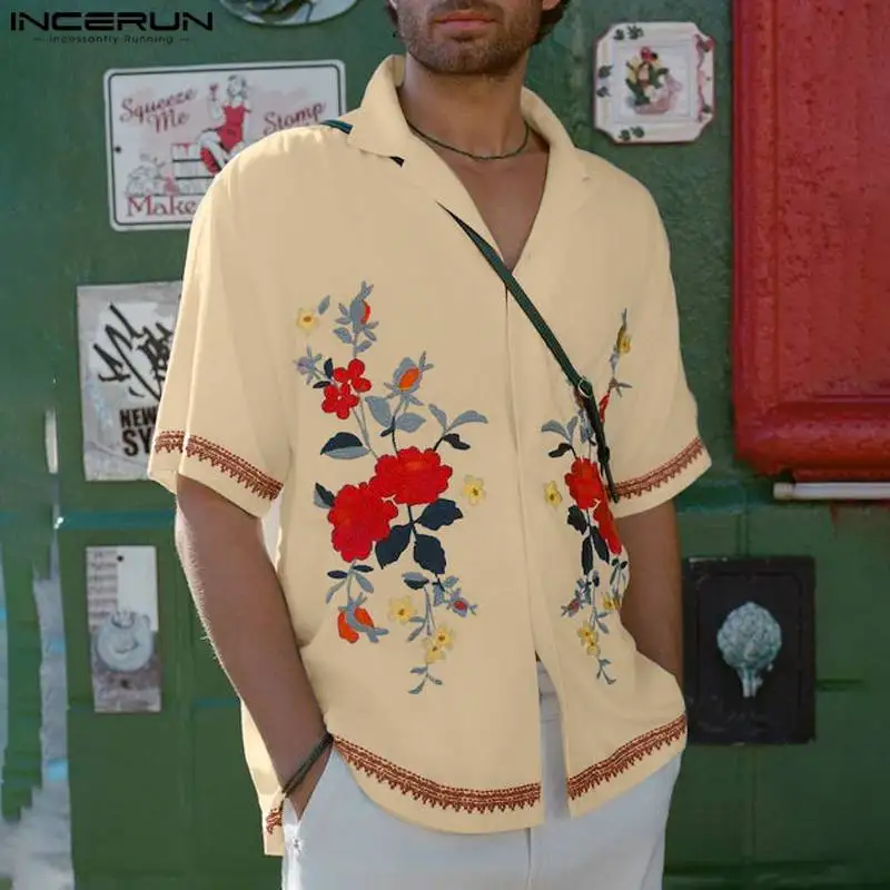 

Рубашка INCERUN мужская с цветочным принтом, уличная одежда с отложным воротником и короткими рукавами, Повседневная модная, для отпуска, лето 2024