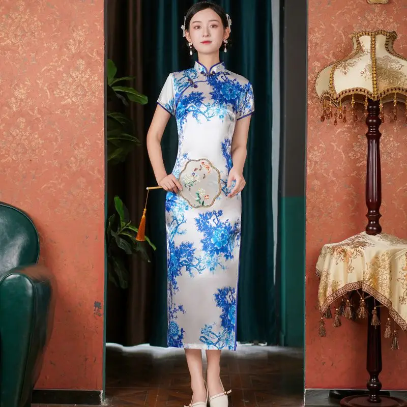 Vintage Slim Chinese Traditional Cheongsam Short Sleeve Split Dress Women Long Qipao Dress 5XL Various Color chinese dress