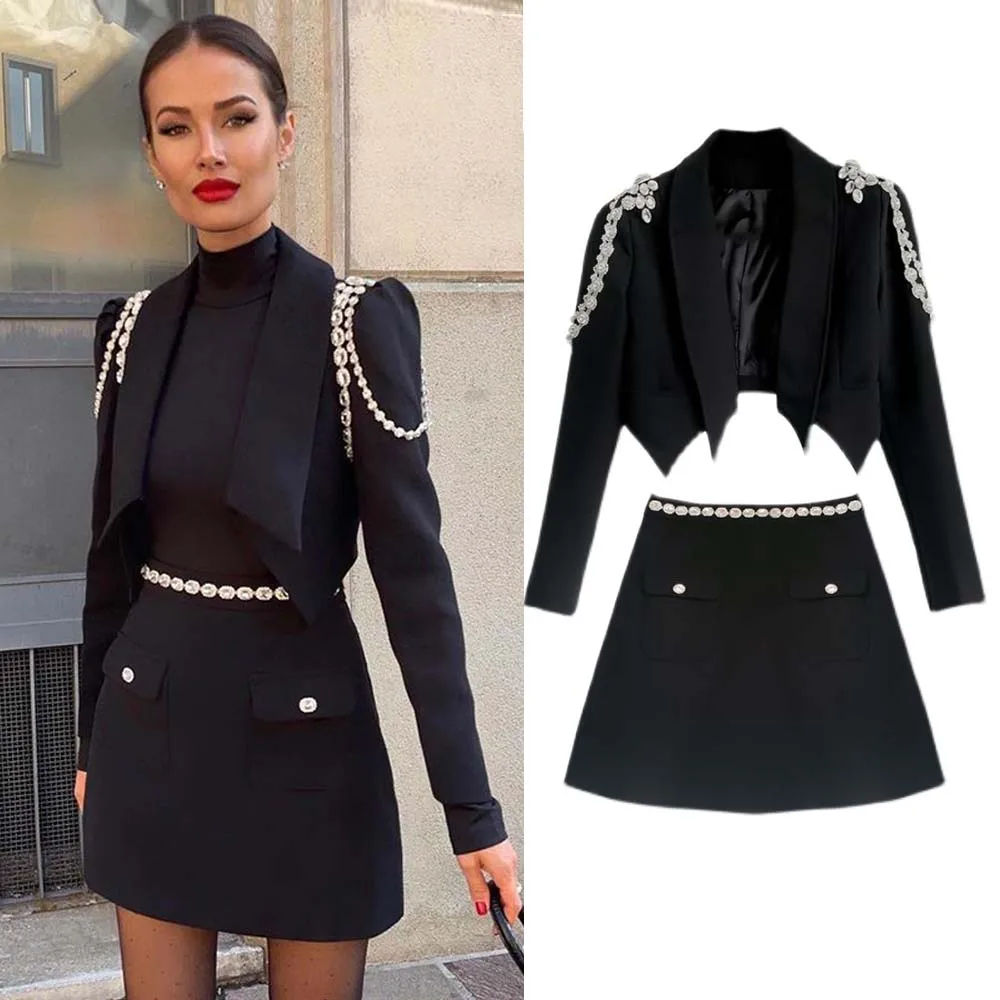 

2022 New Celebrity Temperament Heavy Industry Diamond Chain Rhinestone Short Suit Coat Half Skirt Women's Suit Two-piece Set