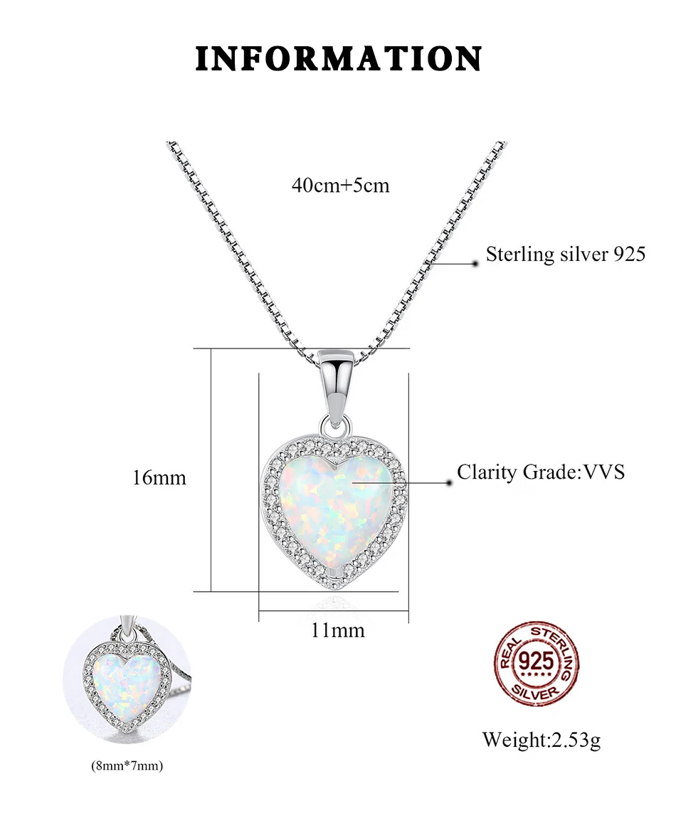 100% Sterling Silver Heart Opal Pendant Necklace for Women Charming Silver Chain Christmas Girls_voghion.com
