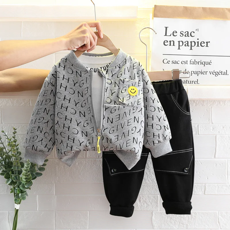 2022 Spring Autumn Children Boys 3PCS Clothing Set Printed Letter cardigan Coat Cotton Sweatshirts Jeans Pants Baby Boy Clothes children's clothing sets high neck