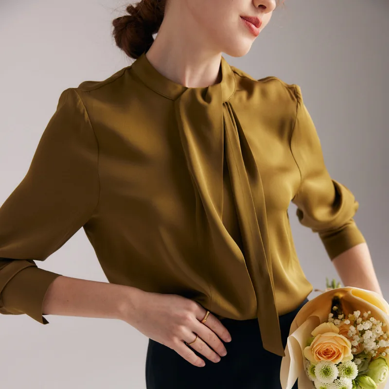 thumbnail image 1 of Blusa elegante de oficina para mujer de primavera 2024, camisas de manga larga de color puro 90 % de seda auténtica, 1 of 4